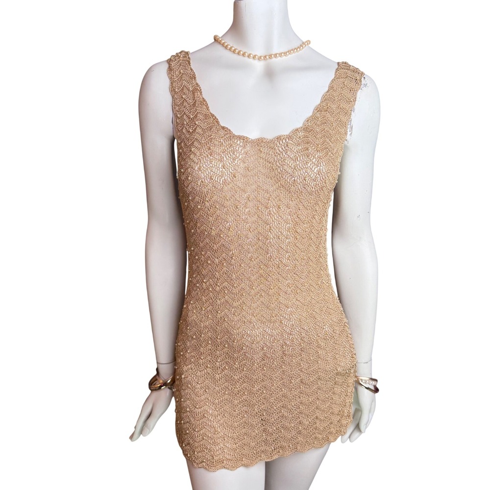 Vintage Kroshetta Crochet Pearl Mini Dress Gold Metallic Mermaidcore Siren L